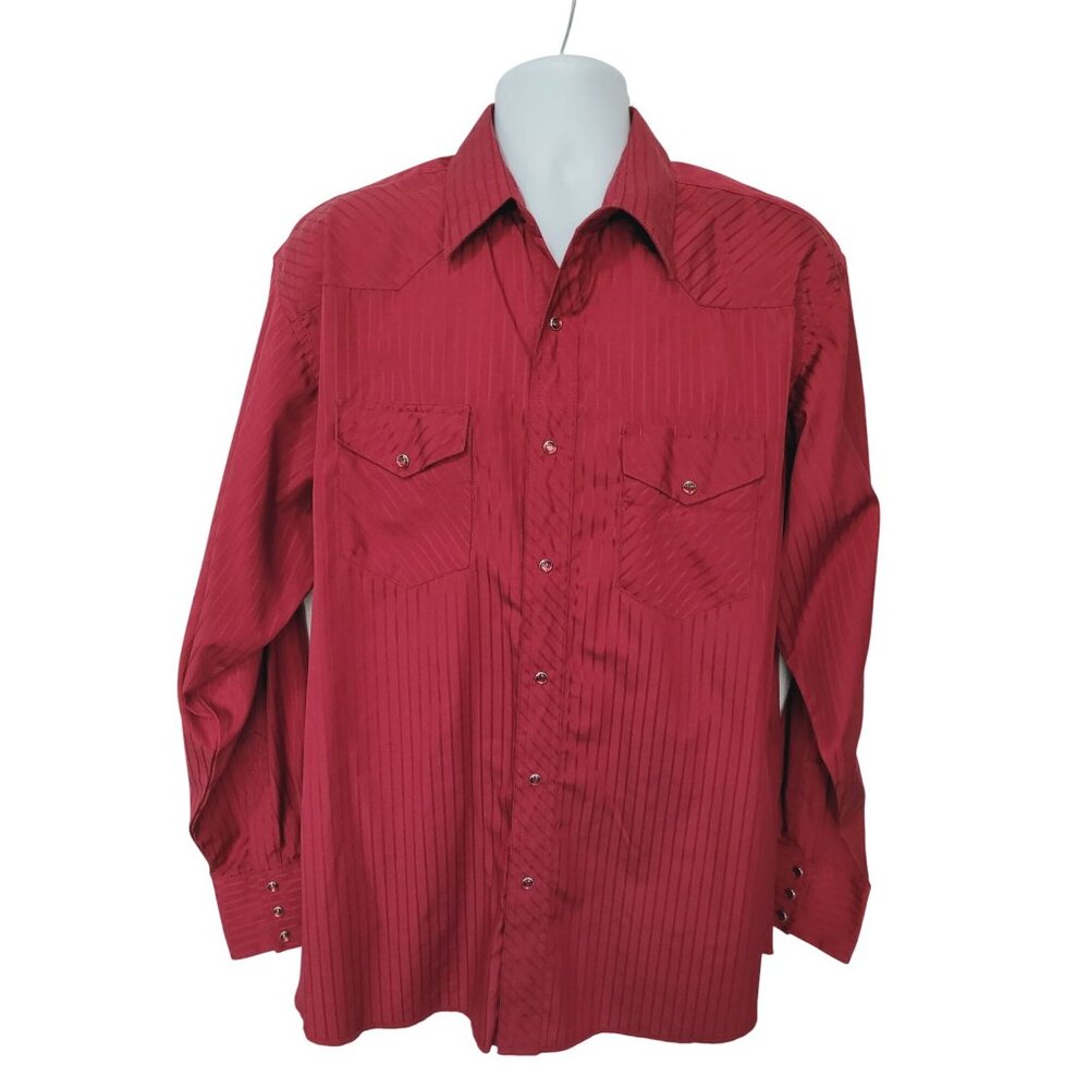 Wrangler Vtg Western Shirt XL Red Long-Sleeve Striped Pearl Snap Ranch Wear